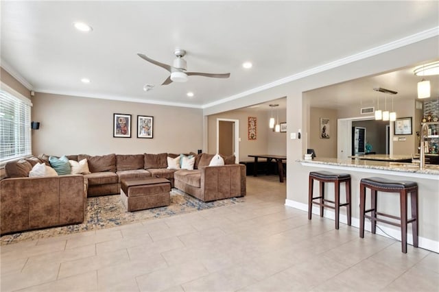 535 Amethyst St, New Orleans, LA 70124 - living area featuring visible vents, ornamental molding, ceiling fan, and recessed lighting