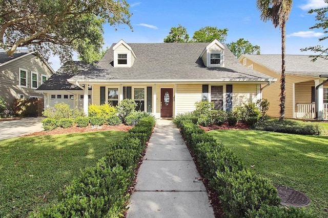 18 Landsdowne Ln, Destrehan, LA 70047 - cape cod house with a front lawn, driveway, a shingled roof, and an attached garage