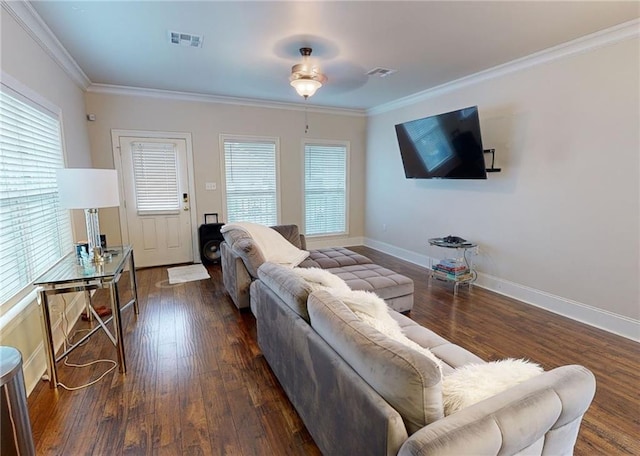 2680 Lavender St, New Orleans, LA 70122 - living room featuring wood finished floors, crown molding, healthy amount of natural light, and a ceiling fan