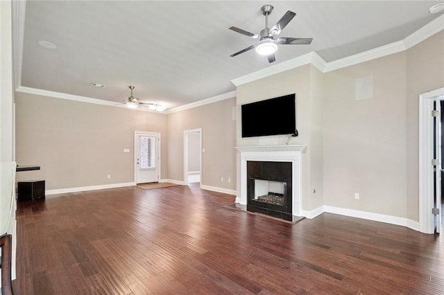 28230 Loiret Ct, Ponchatoula, LA 70454 - unfurnished living room featuring a ceiling fan, a fireplace, wood finished floors, and ornamental molding