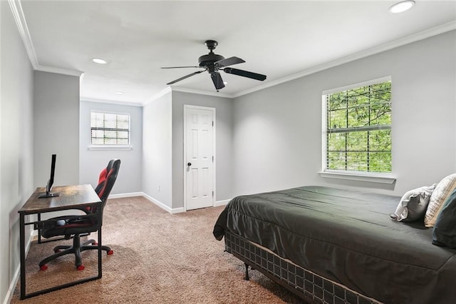 bedroom featuring carpet floors, crown molding, recessed lighting, and baseboards