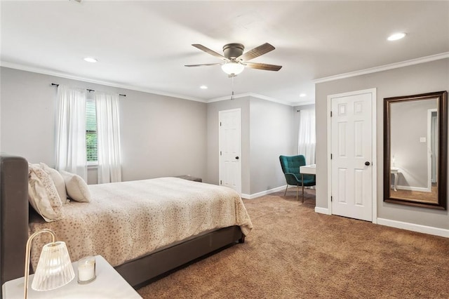 bedroom with baseboards, recessed lighting, ornamental molding, and carpet floors