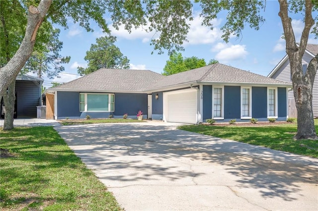 208 Bedford St, La Place, LA 70068 - single story home featuring stucco siding, driveway, a garage, a front yard, and a shingled roof