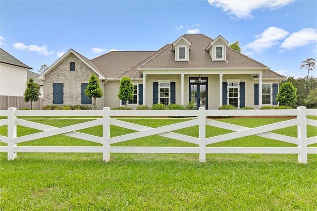 view of front of house with a porch, a front lawn, and a fenced front yard
