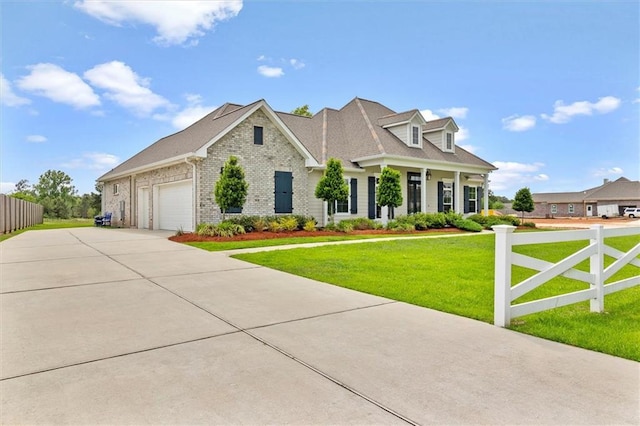 view of front of home with a front lawn, driveway, an attached garage, and fence