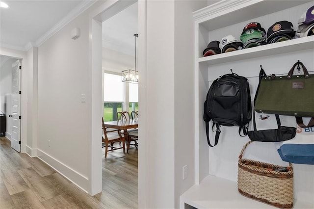 mudroom featuring crown molding, a notable chandelier, wood finished floors, and baseboards