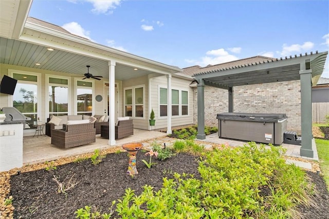 exterior space with an outdoor hangout area, ceiling fan, a hot tub, and a pergola