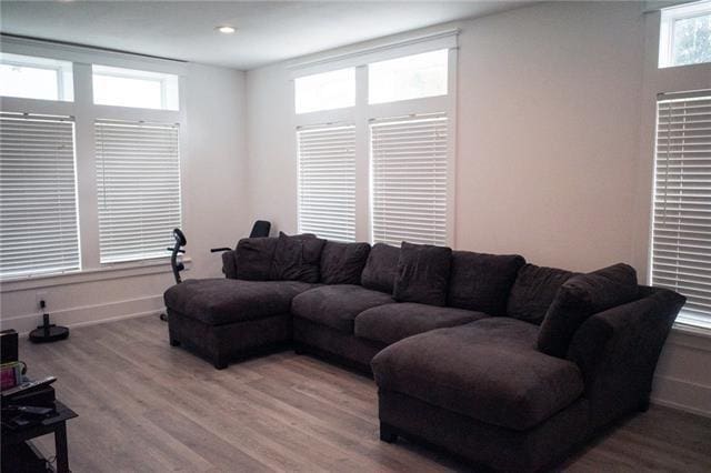 living room with baseboards, light wood-type flooring, and recessed lighting