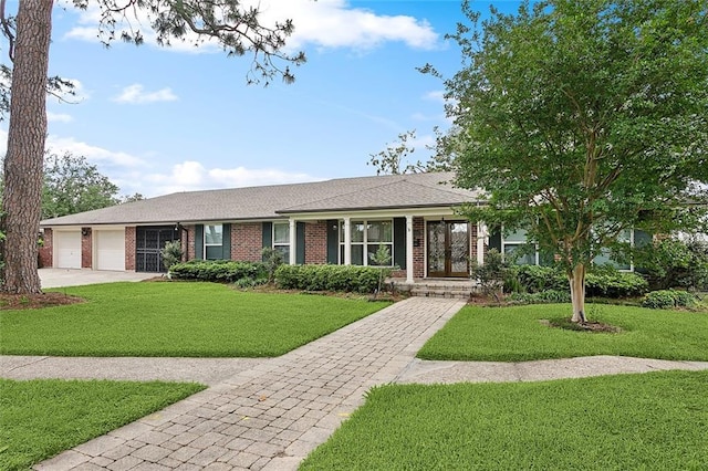 single story home featuring driveway, roof with shingles, a front lawn, brick siding, and a garage