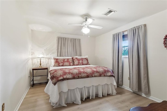 bedroom with visible vents, baseboards, ceiling fan, and light wood-type flooring