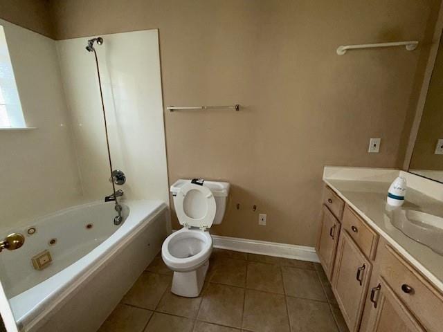 full bath with vanity, tile patterned flooring, toilet, baseboards, and a combined bath / shower with jetted tub
