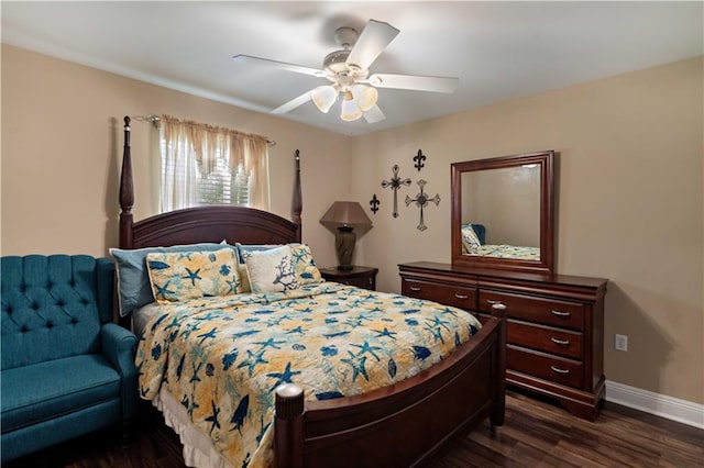 bedroom with a ceiling fan, dark wood-style flooring, and baseboards