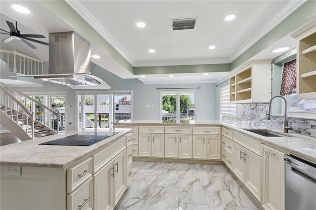 4435 Francecso Rd, New Orleans, LA 70129 - kitchen with a sink, black electric cooktop, open shelves, stainless steel dishwasher, and island range hood