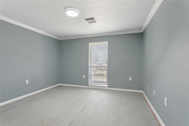 4435 Francecso Rd, New Orleans, LA 70129 - carpeted empty room featuring ornamental molding, a textured ceiling, visible vents, and baseboards