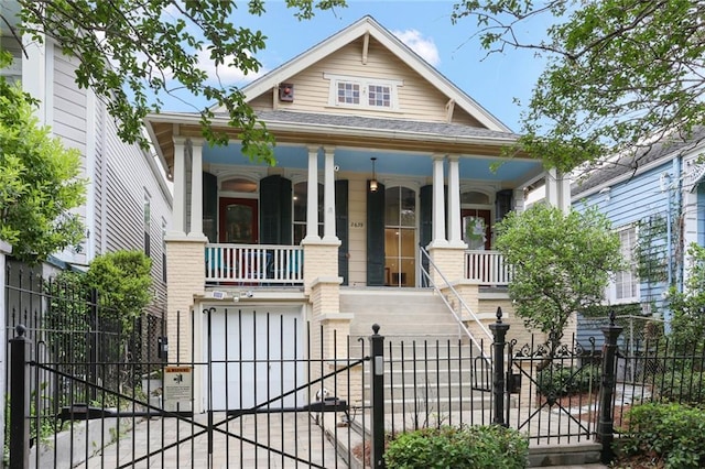 2639 Desoto St, New Orleans, LA 70119 - view of front of property with driveway, a gate, a garage, covered porch, and a fenced front yard