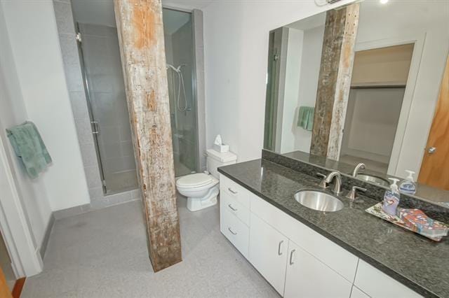 full bathroom with toilet, vanity, and a stall shower