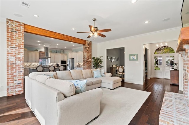 274 W Longview Ct, Madisonville, LA 70447 - living room with ornamental molding, dark wood-type flooring, recessed lighting, a ceiling fan, and baseboards