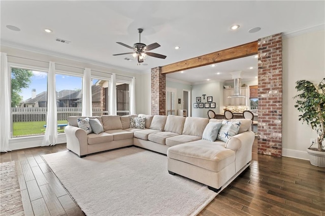 274 W Longview Ct, Madisonville, LA 70447 - living area with a ceiling fan, recessed lighting, ornamental molding, visible vents, and hardwood / wood-style flooring