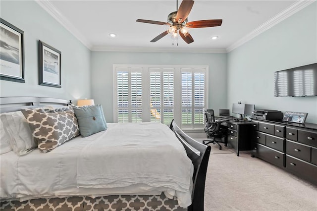 274 W Longview Ct, Madisonville, LA 70447 - bedroom with a ceiling fan, recessed lighting, light carpet, and crown molding