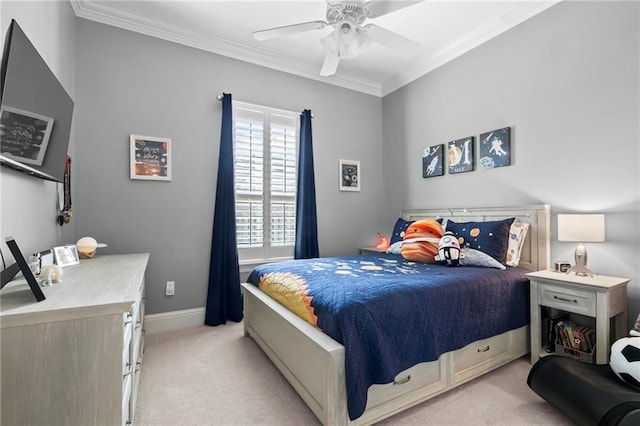 274 W Longview Ct, Madisonville, LA 70447 - bedroom featuring light colored carpet, crown molding, baseboards, and ceiling fan