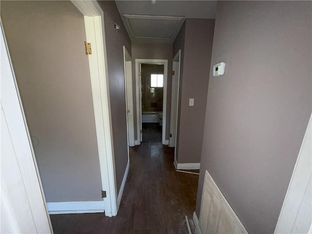 hall featuring wood finished floors and baseboards