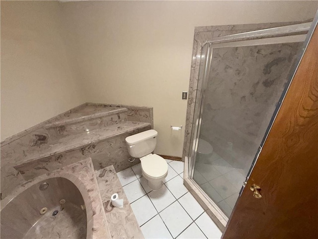 full bathroom with tile patterned floors, a stall shower, toilet, and a tub with jets