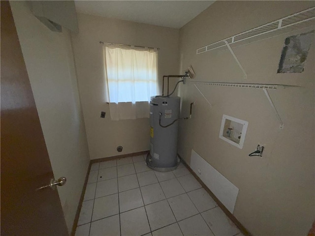 clothes washing area featuring light tile patterned floors, baseboards, hookup for a washing machine, water heater, and laundry area