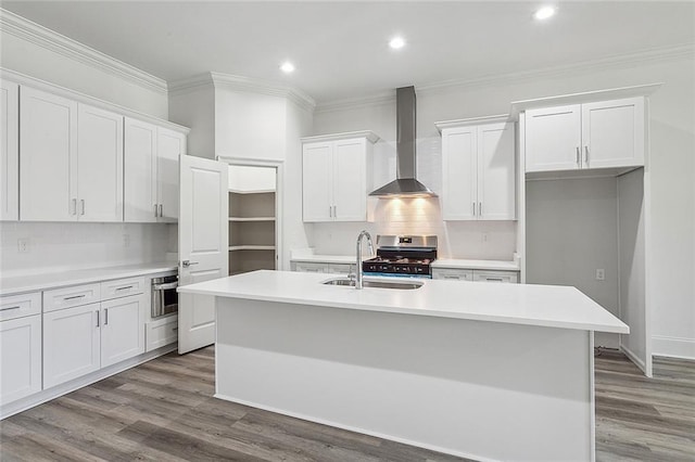 1504 Mason Smith Ave, Metairie, LA 70003 - kitchen with decorative backsplash, ornamental molding, wall chimney exhaust hood, white cabinetry, and a sink