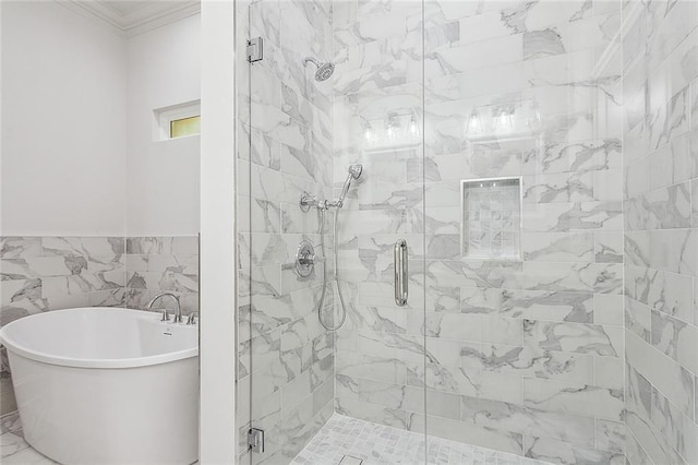 1504 Mason Smith Ave, Metairie, LA 70003 - full bath featuring crown molding, tile walls, a freestanding bath, wainscoting, and a shower stall