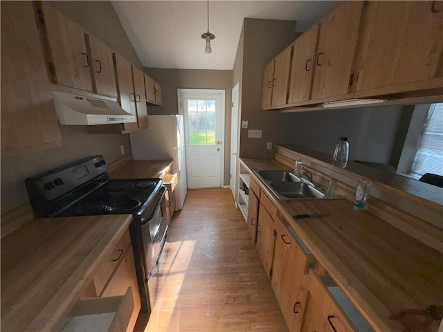 kitchen with lofted ceiling, a sink, light wood-style floors, under cabinet range hood, and black electric range