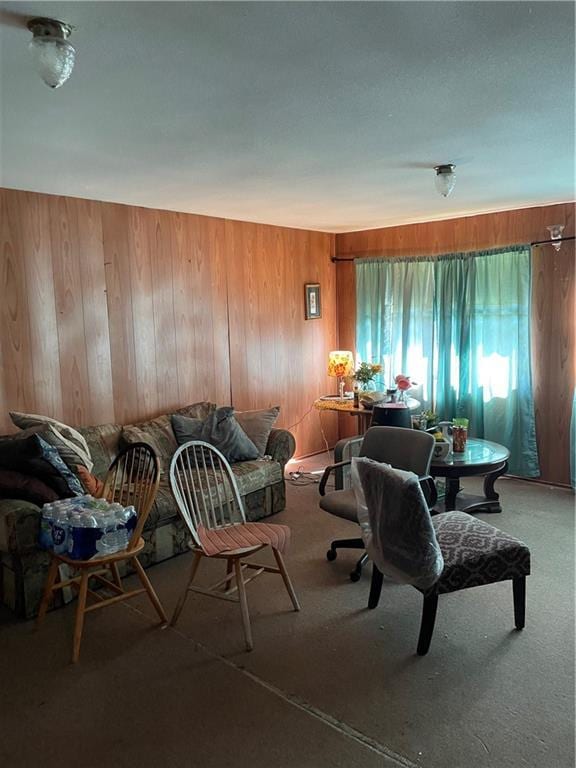 living area featuring wooden walls and carpet floors
