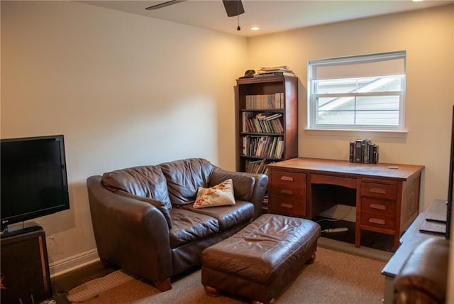 office area featuring a ceiling fan, carpet flooring, recessed lighting, and baseboards