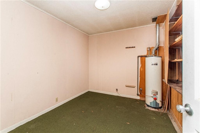 interior space featuring gas water heater, carpet flooring, baseboards, ornamental molding, and a textured ceiling