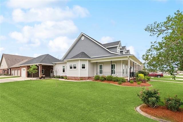 201 Laurel Ct, Luling, LA 70070 - country-style home with concrete driveway, a front lawn, an attached garage, and covered porch
