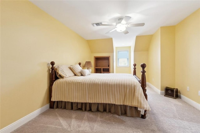201 Laurel Ct, Luling, LA 70070 - bedroom featuring a ceiling fan, visible vents, vaulted ceiling, baseboards, and carpet floors