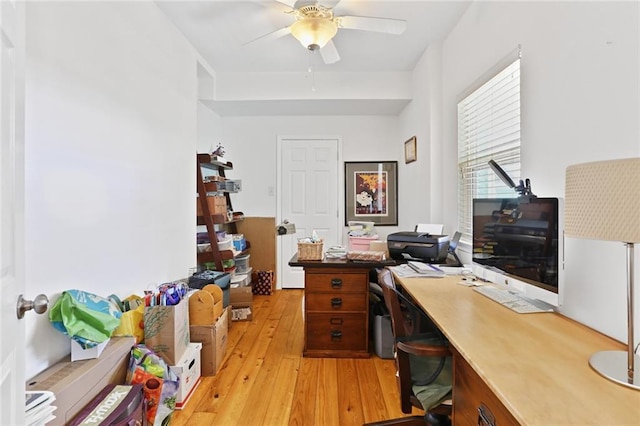 office with ceiling fan and light wood-style floors