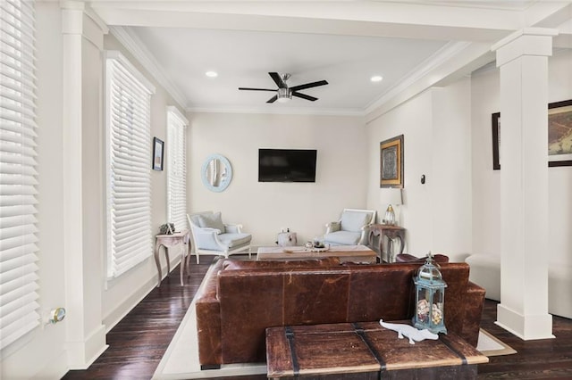 living room with wood finished floors, ceiling fan, recessed lighting, and crown molding