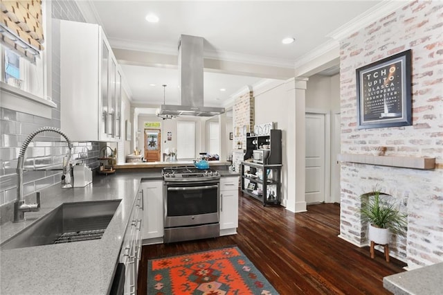 kitchen with crown molding, a sink, stainless steel range with gas stovetop, dark wood-style flooring, and island exhaust hood