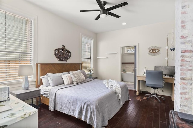 bedroom with recessed lighting, hardwood / wood-style flooring, and ceiling fan