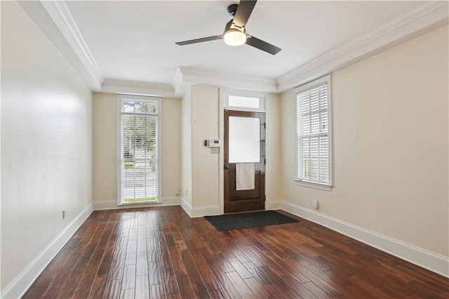 entrance foyer featuring a ceiling fan, ornamental molding, dark wood-style floors, and baseboards