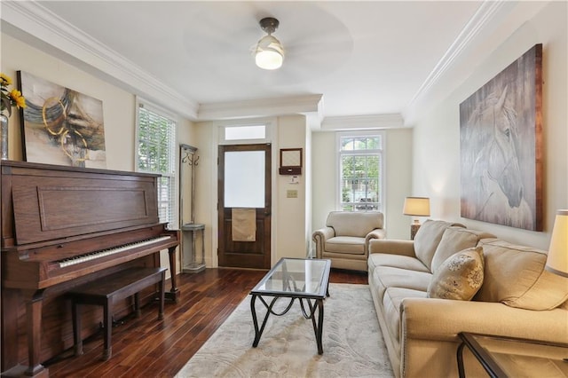 living area with wood-type flooring, baseboards, ornamental molding, and a healthy amount of sunlight