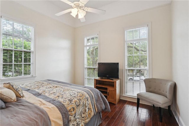 bedroom featuring dark wood-type flooring, a ceiling fan, and multiple windows
