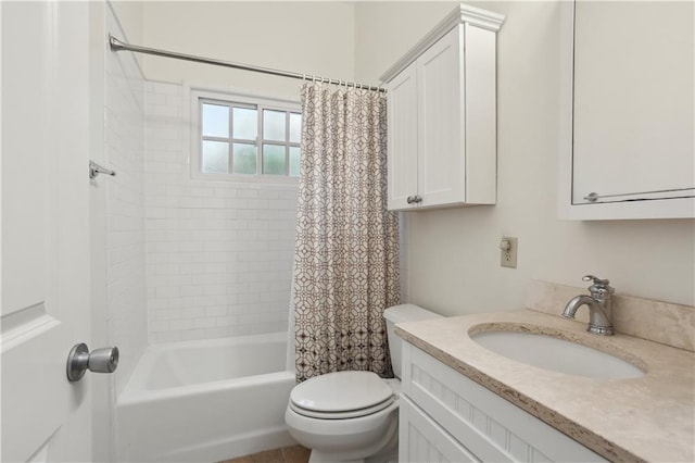 full bathroom with shower / bath combo, vanity, and toilet