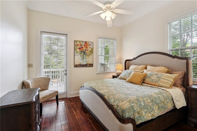 bedroom with baseboards, access to exterior, multiple windows, and dark wood-type flooring