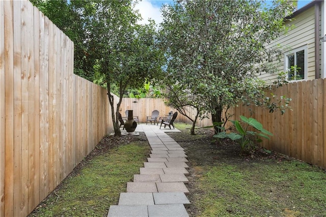 view of yard featuring a patio and a fenced backyard