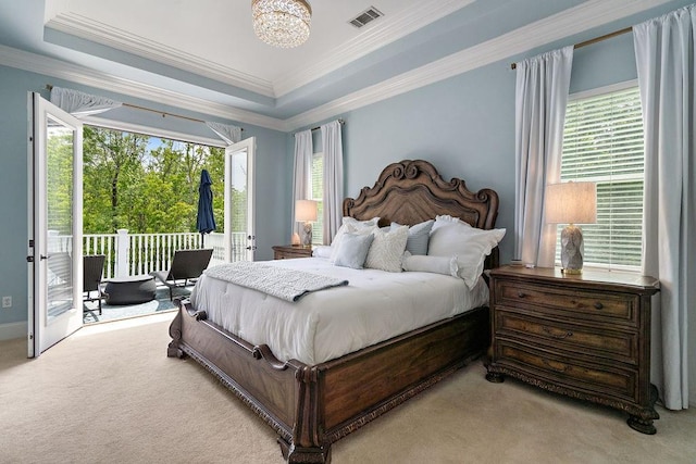 bedroom with light colored carpet, crown molding, visible vents, and access to exterior