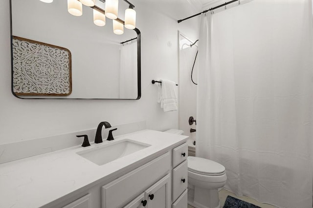 bathroom featuring vanity, toilet, and shower / bath combination with curtain