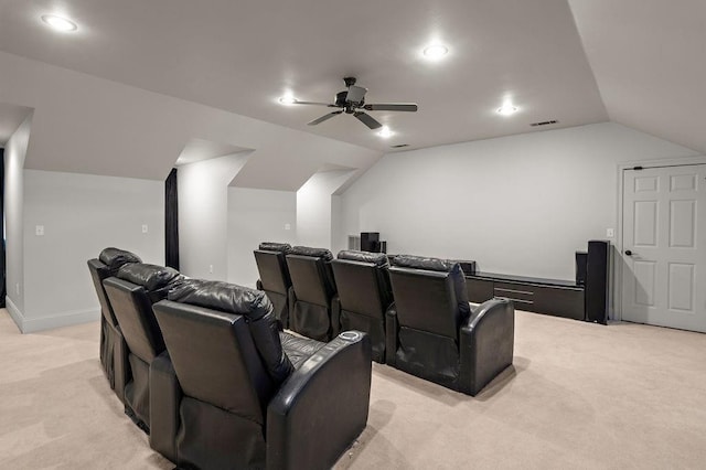 cinema room with light colored carpet, a ceiling fan, recessed lighting, lofted ceiling, and visible vents