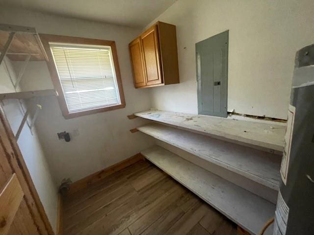 interior space featuring water heater, wood finished floors, and electric panel