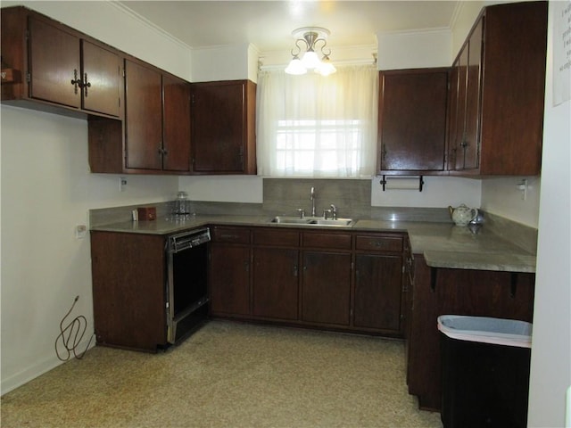 6735 W Magnolia Blvd, Harahan, LA 70123 - kitchen featuring crown molding, a sink, dishwasher, and dark brown cabinetry